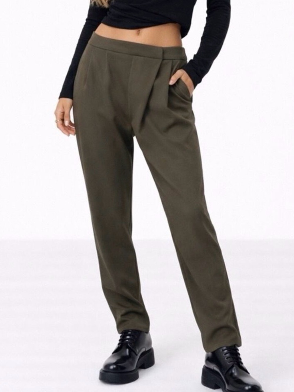 Zara Asymmetrical Olive Green Draped Front Women Trousers Size Small - NWT
